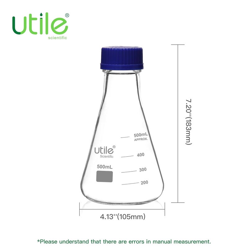 UTILE 2 Pcs 500ml Glass Erlenmeyer Flask with Blue Cap, Narrow Mouth Erlenmeyer Flasks, Borosilicate 3.3 Glass Conical Flask for Lab Experiment Chemistry Science,4016.0771.2 - Image 3